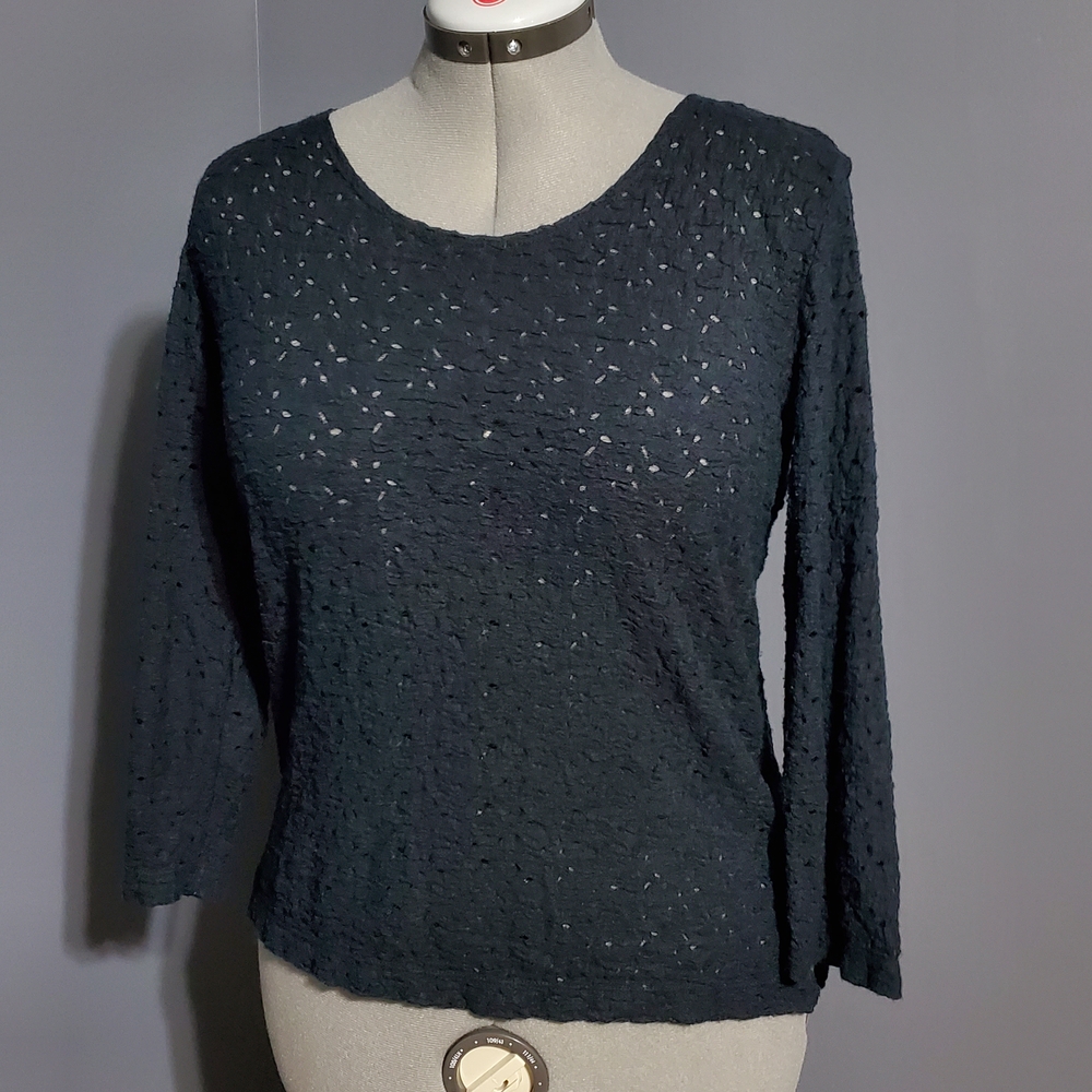 Chico's Design Black Perforated Textured Blouse Half Sleeve Size 1